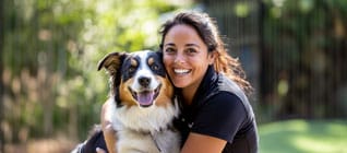 Woman hugging an Australian Shepherd dog