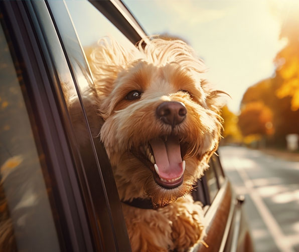 happy dog with its head out of a car window